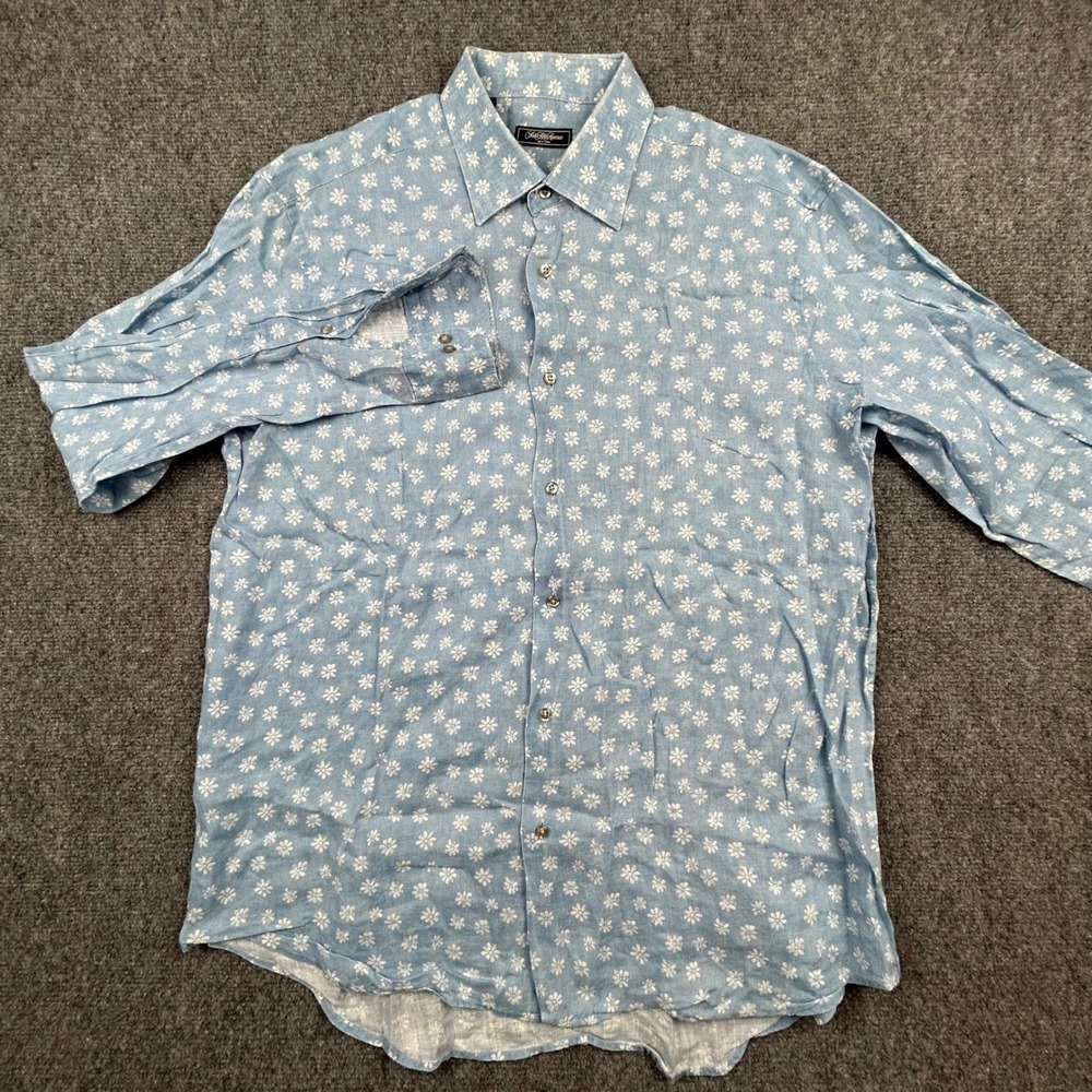 Saks Fifth Avenue Shirt Mens L Light Blue Daisy Floral 100% Linen‎ Button Up - Picture 2 of 10